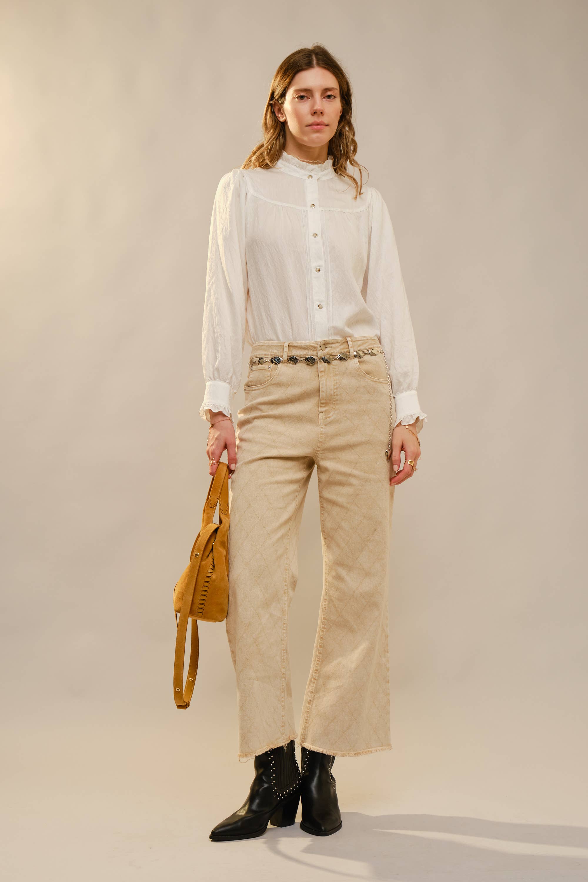 Ruffle Neck Denim Snap Button Shirt