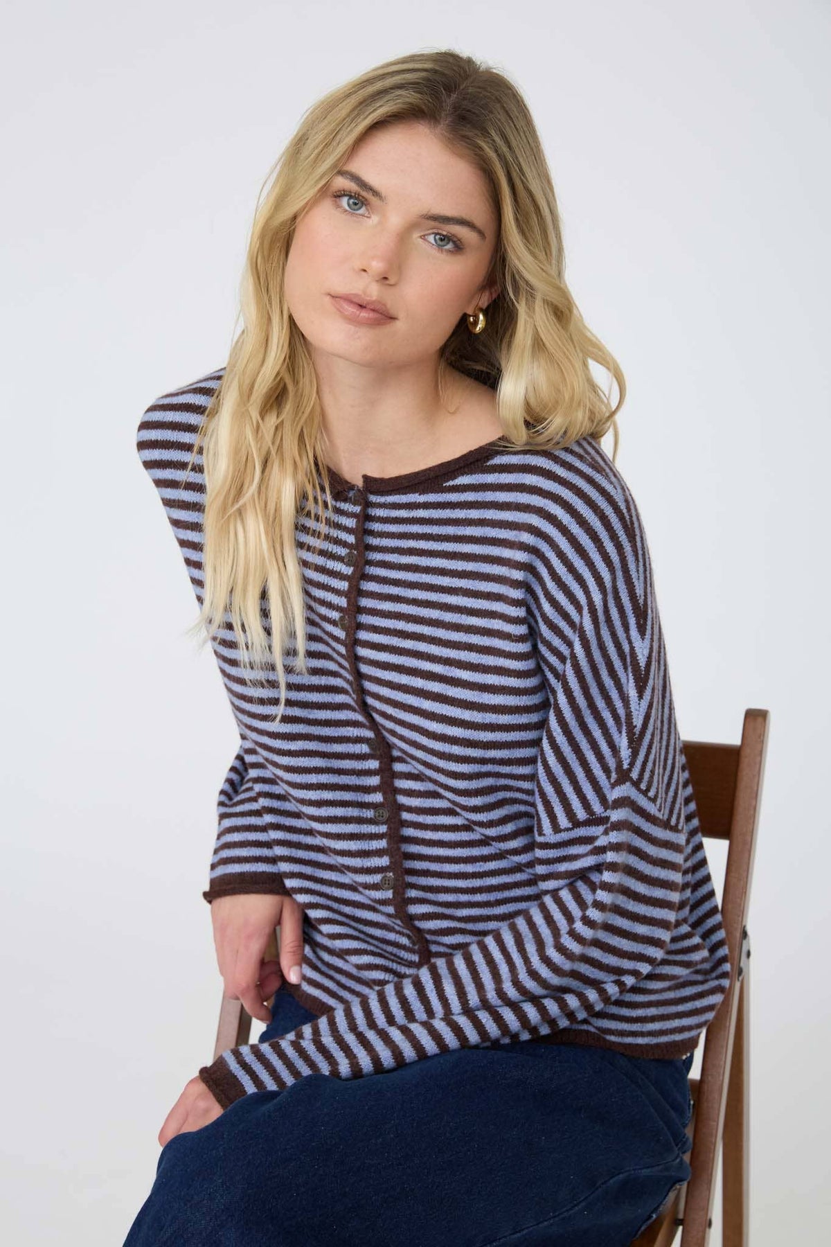 STRIPE RAW EDGE LONG SLEEVE CARDIGAN