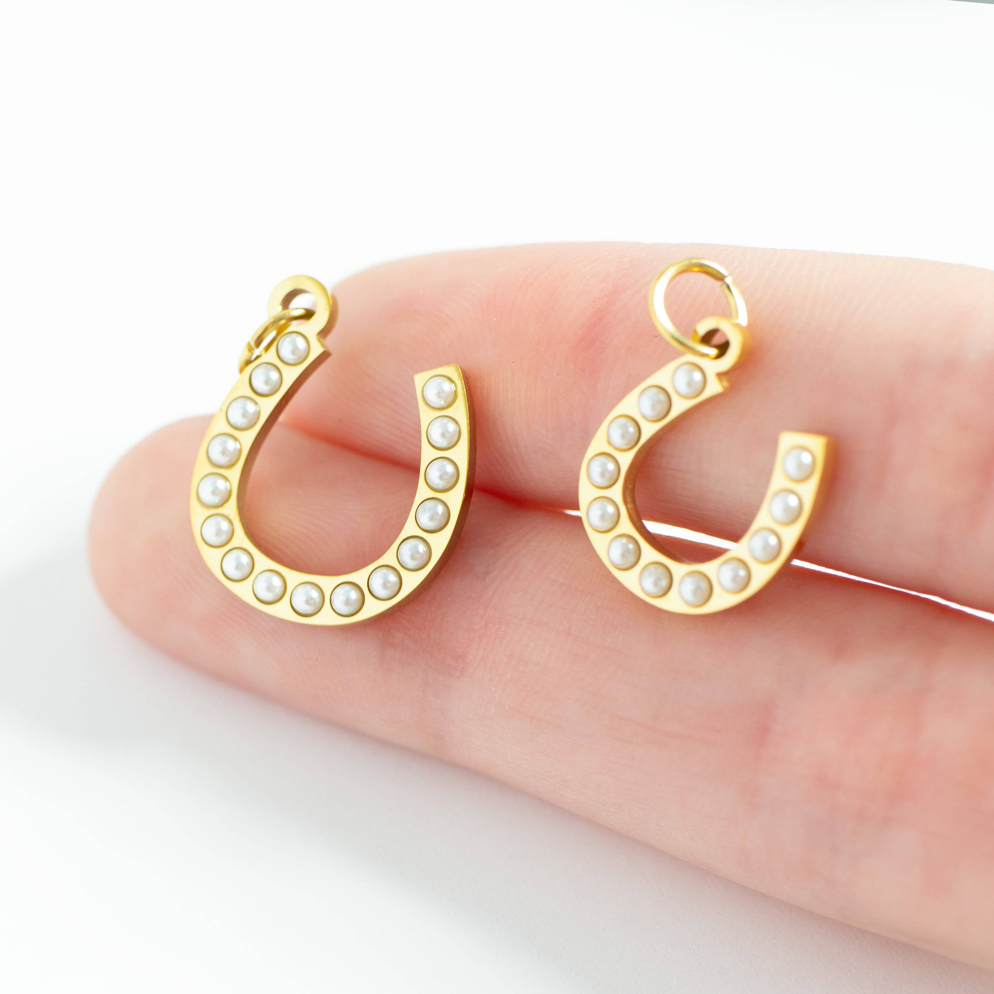 18K Gold Stainless Steel Pearl Beaded Horseshoe Charm