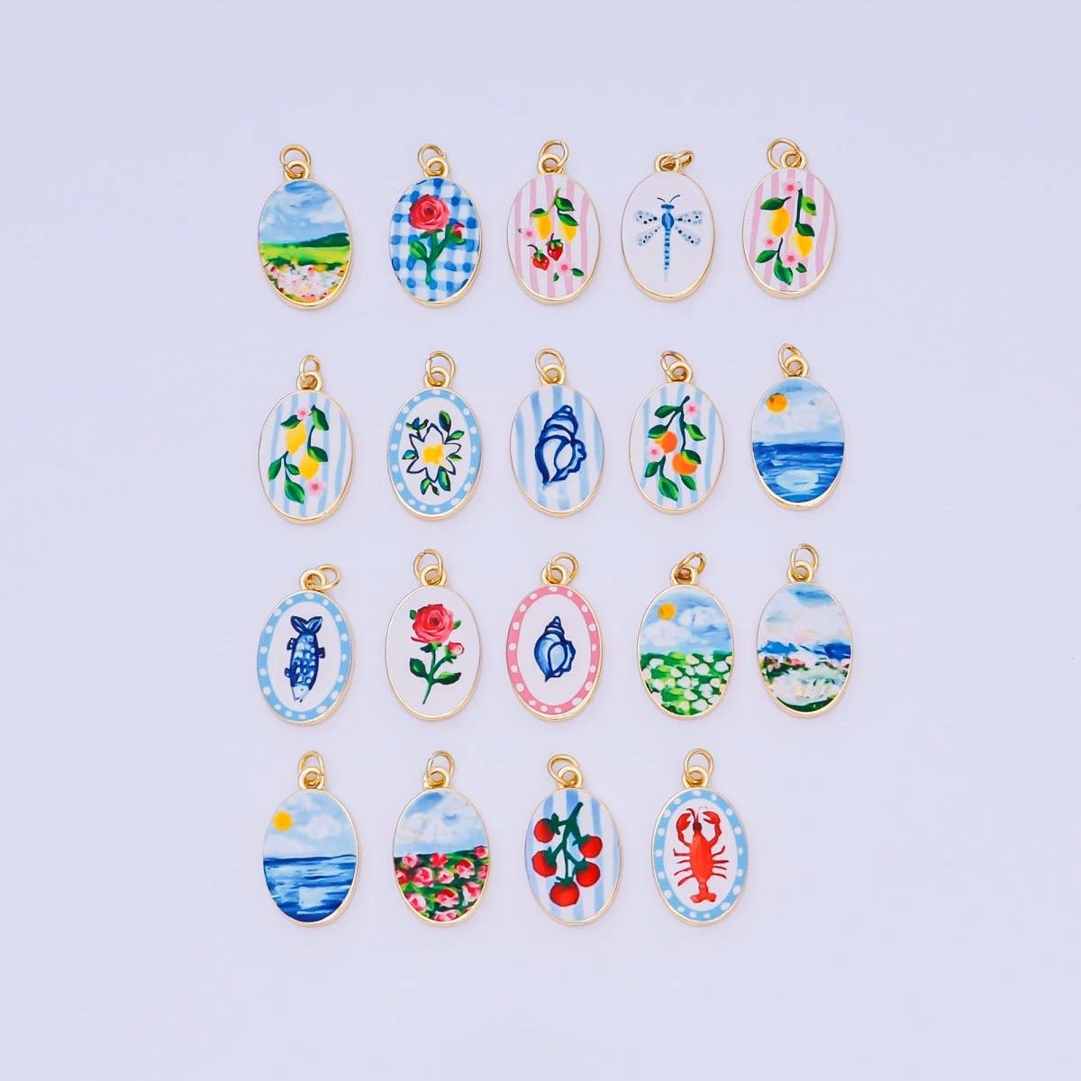 24K Gold Filled Enamel Art Oval Spring Charm in Flower, Butterfly, & Nature
