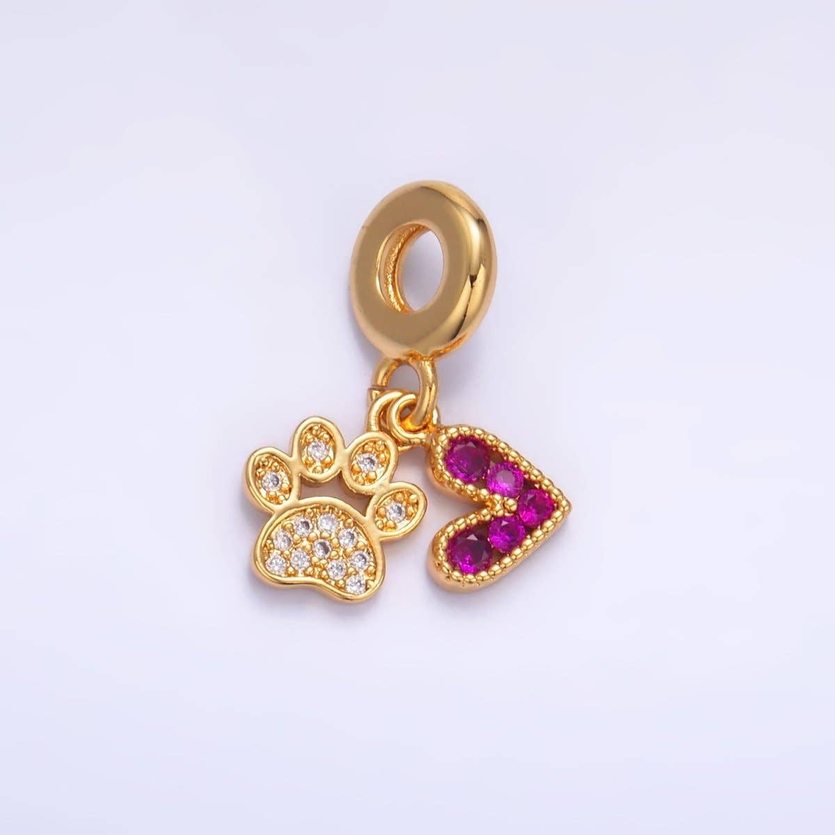 24K Gold Filled Micro Paved CZ Pink Heart Clear Pawprint Rhondelle Drop Pendant