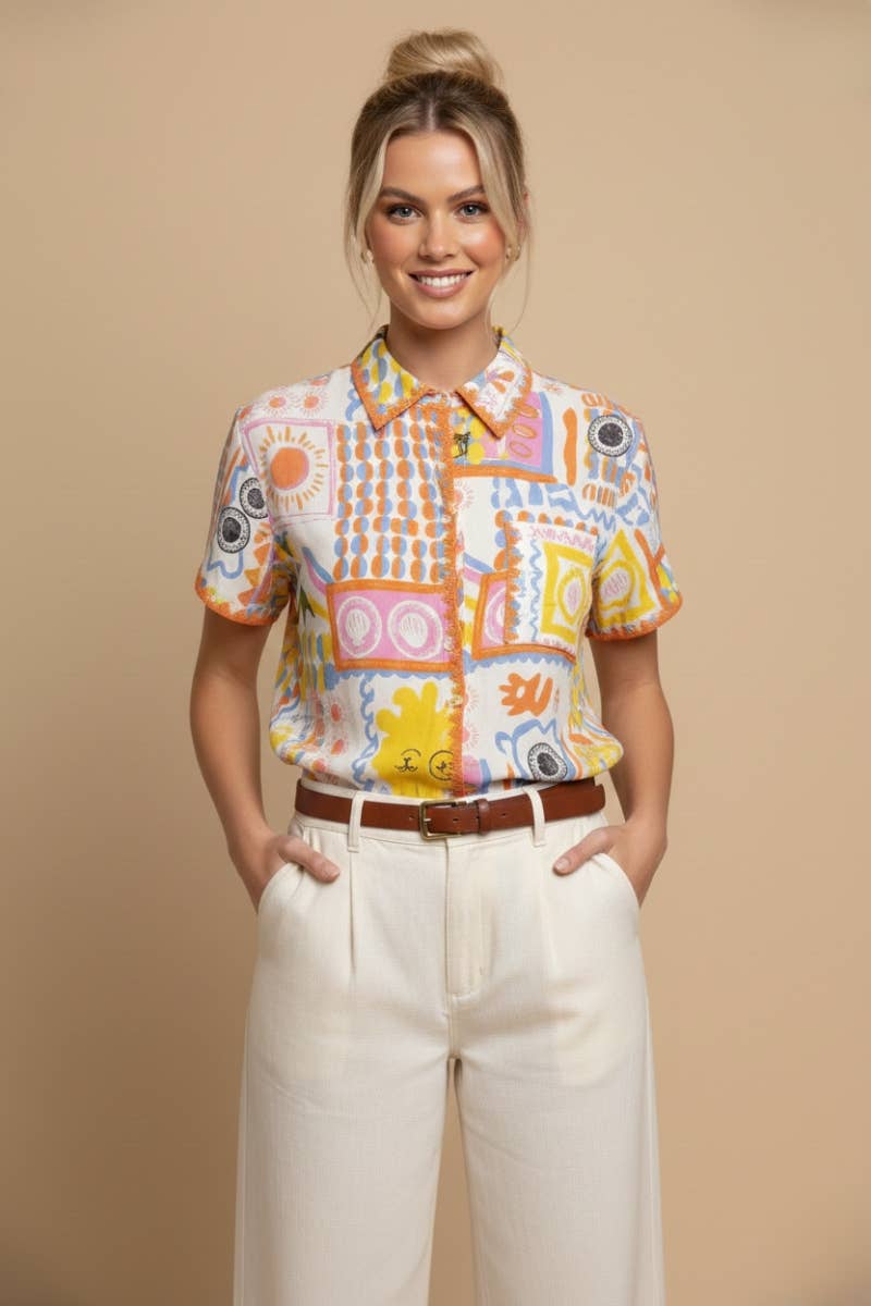 GRAPHIC MEDITERRANEAN ICONS RIC-RAC TRIM STRUCTURED FIT TOP