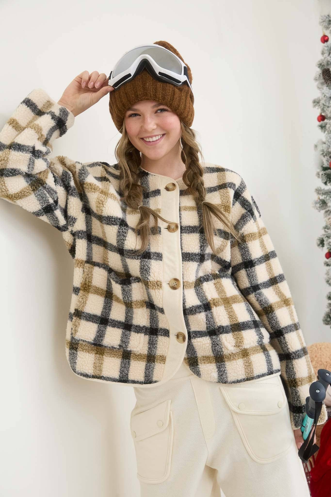 PLAID BUTTON DOWN TEDDY JACKET