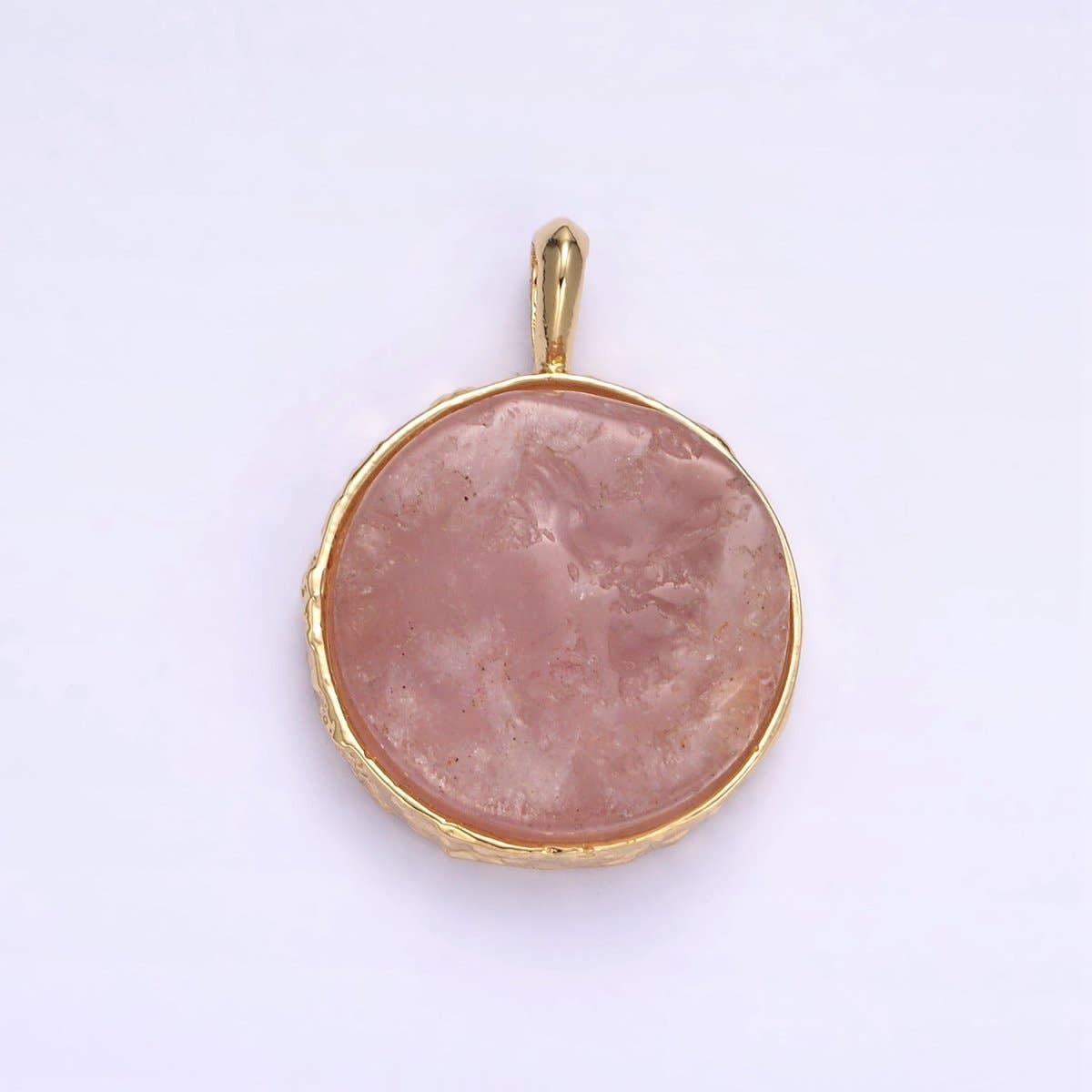 14K Gold Filled Rose Quartz Gemstone Hammered Bezel Pendant | I653 I654