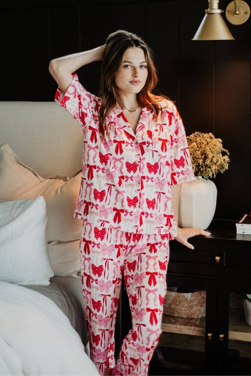 Pink & Red Coquette Bows Christmas Pajama Pants Set