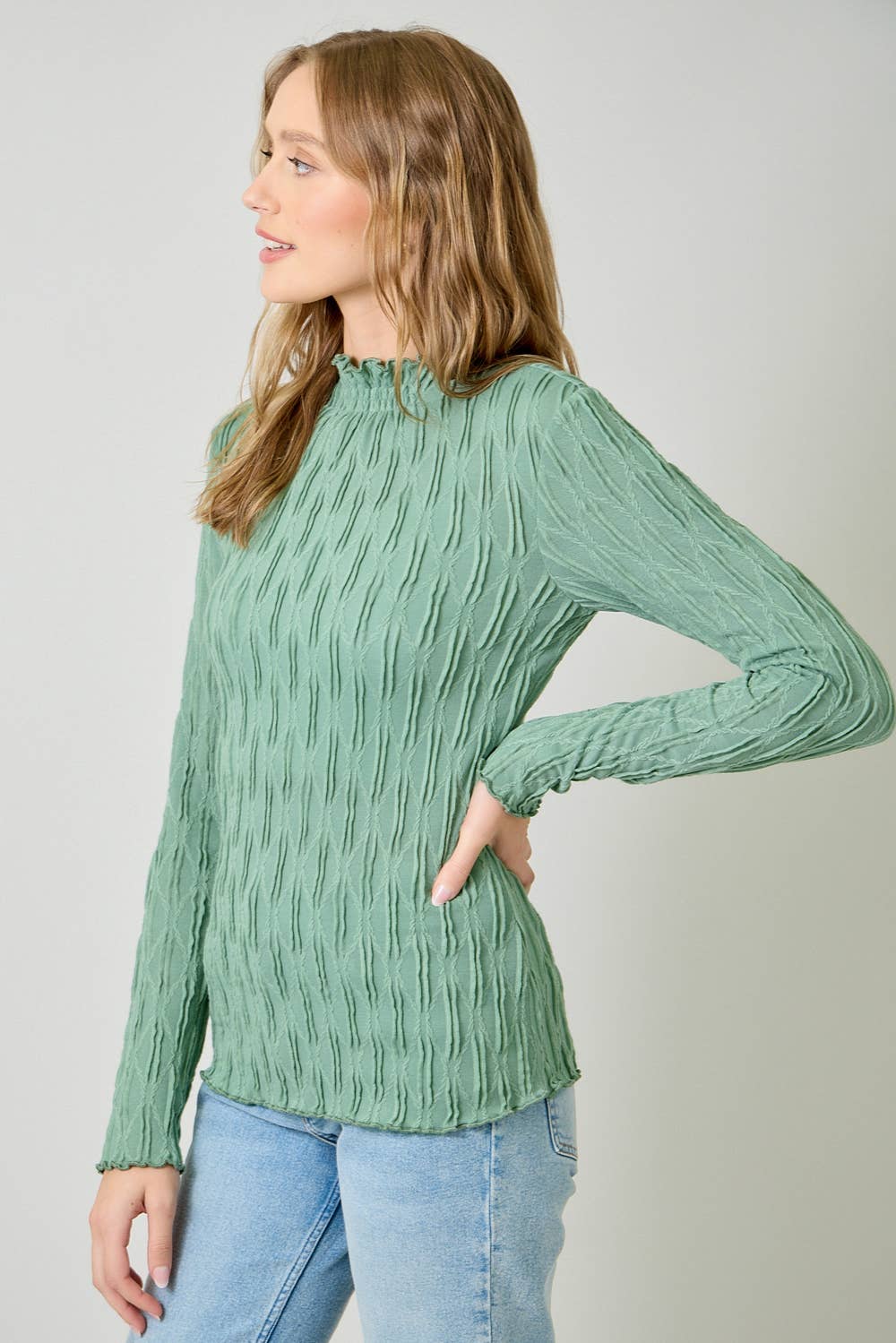 61147 Lettuce Edge Textured Knit Top
