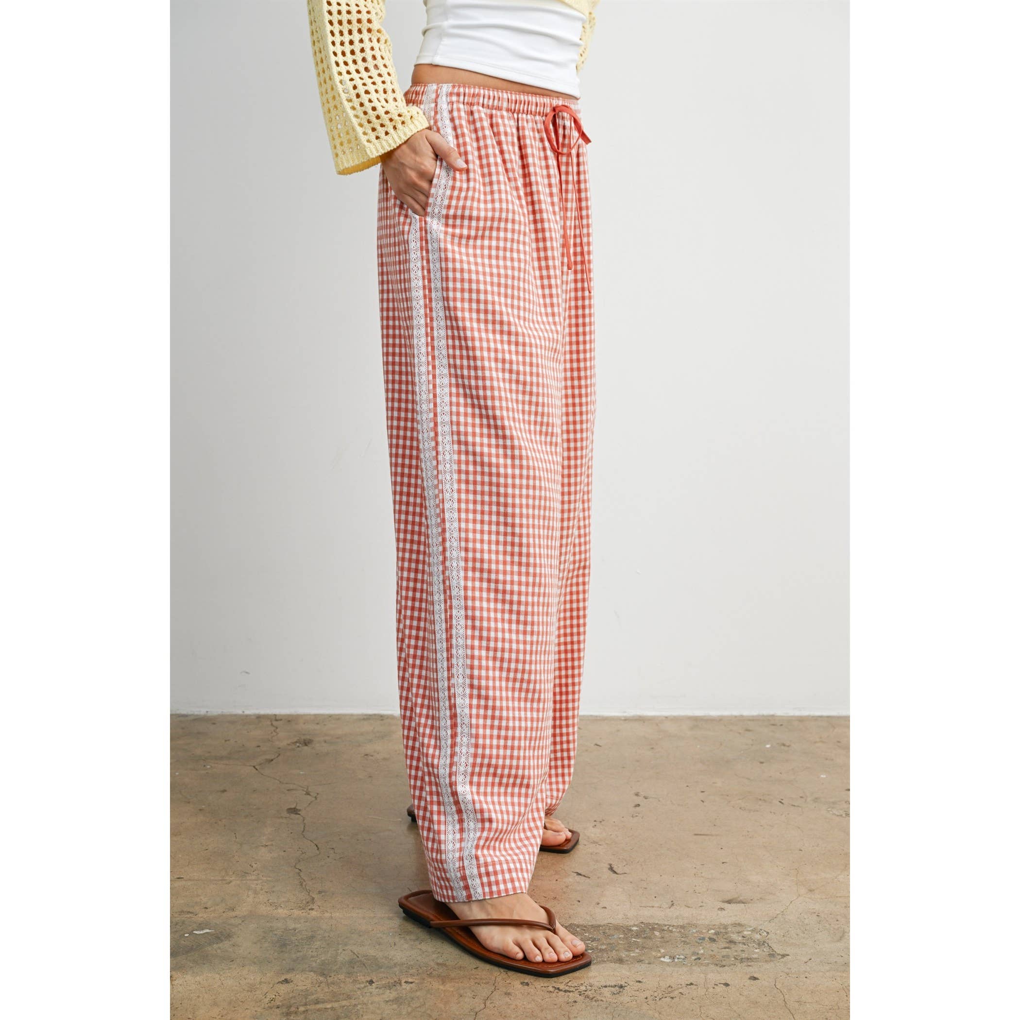 Terracotta Gingham Wide-Leg Lounge Pants-BMP8075