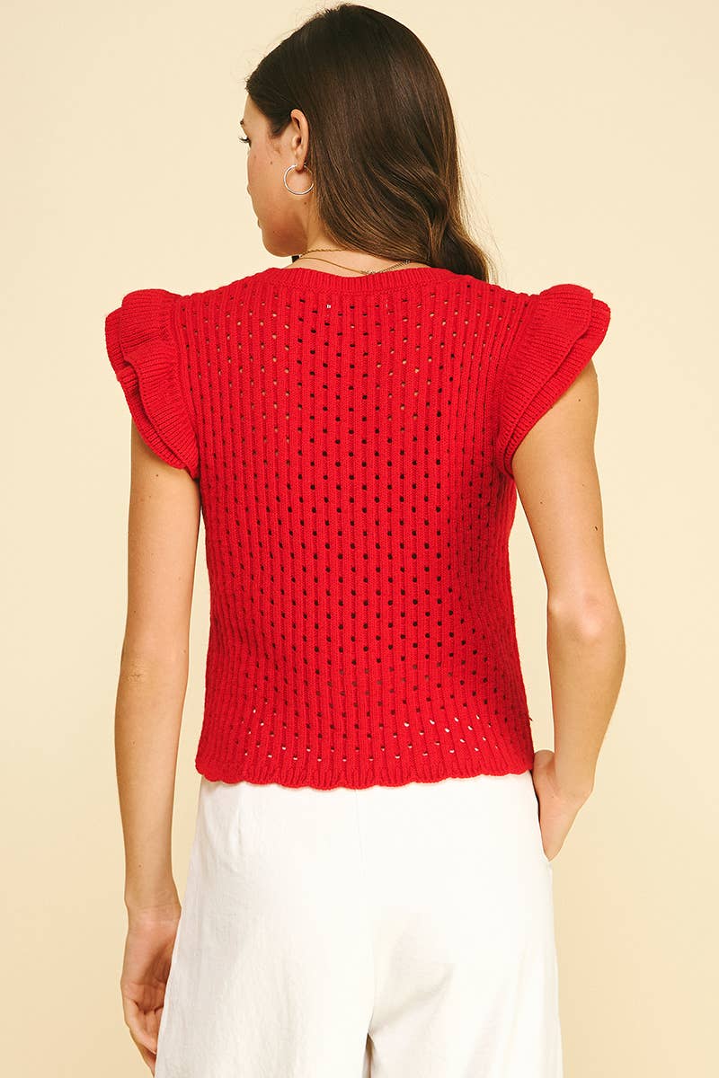 RUFFLE SLEEVE OPNE-KNIT TOP