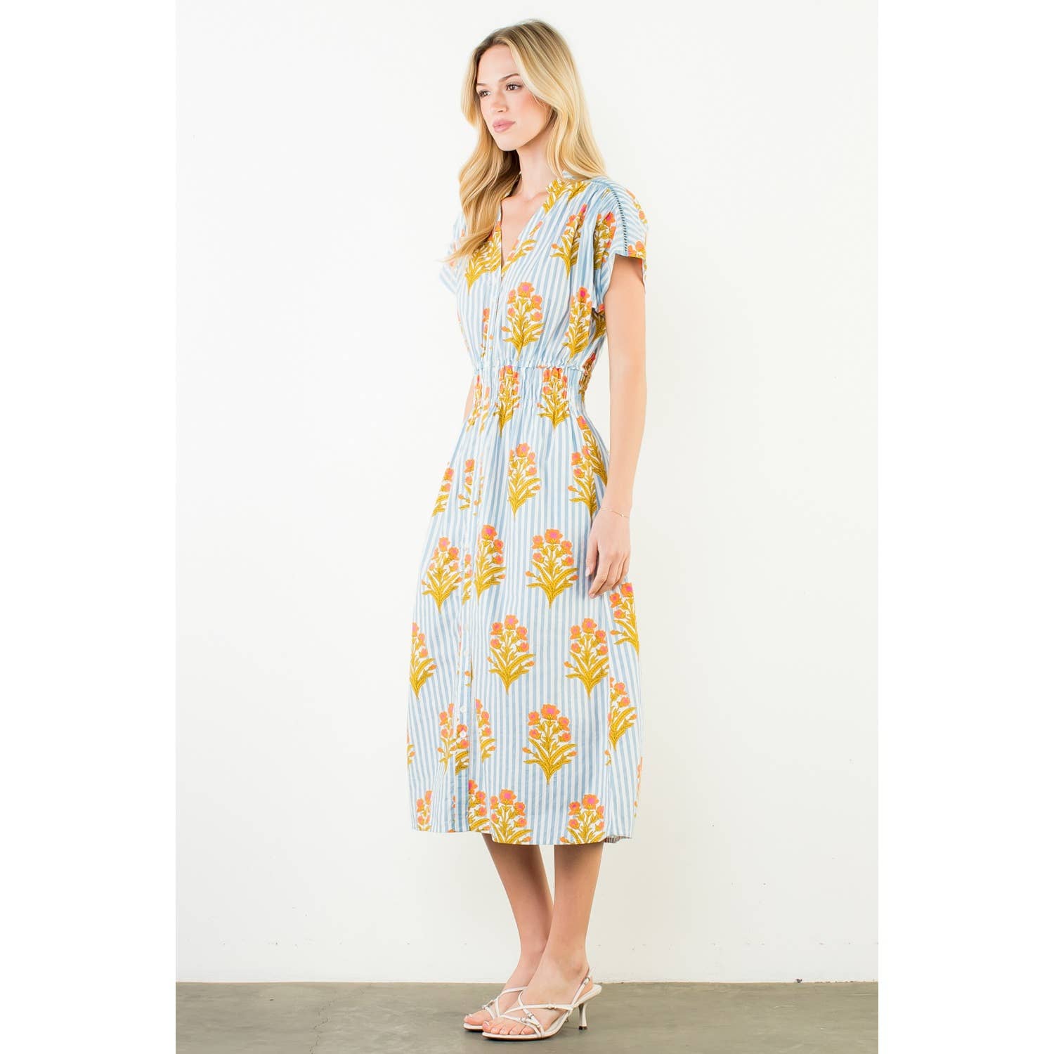 Short Sleeve Floral Striped Print Dress
