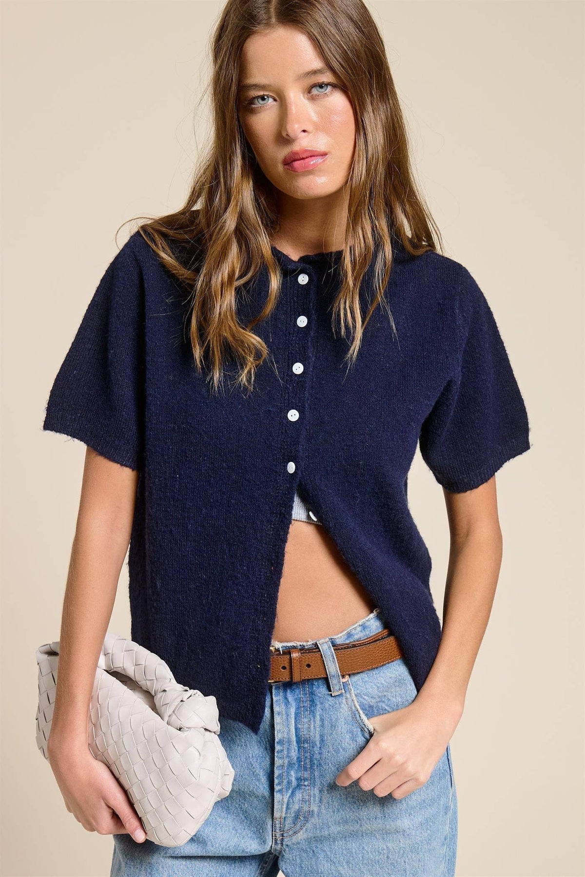 Open-Pack Short Sleeve Button Down Cardigan Top