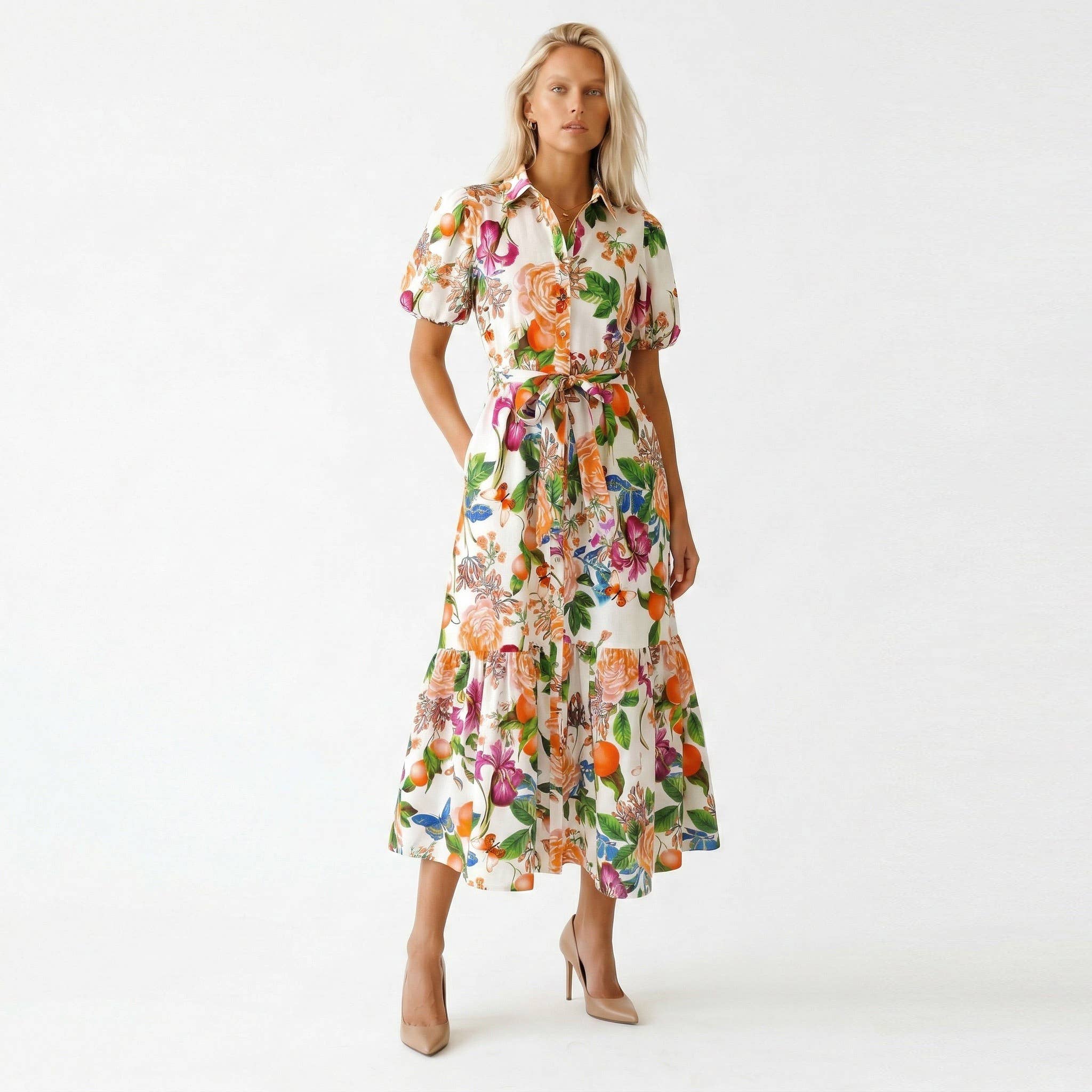 Tangerine Bloom Long Shirt Dress
