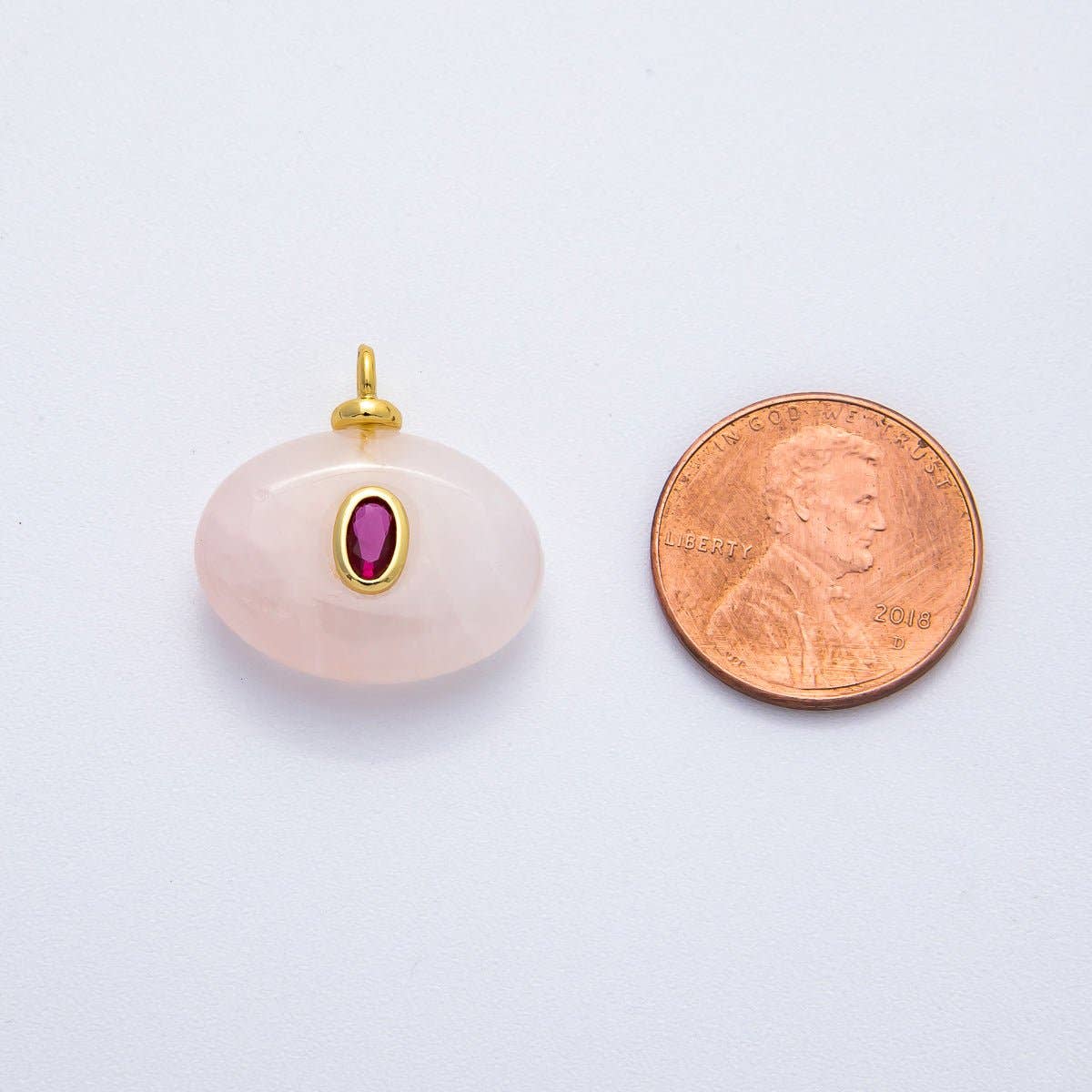 18K Gold Filled 20mm Fuchsia CZ Embedded Rose Quartz Oval Gemstone Charm | AF1321