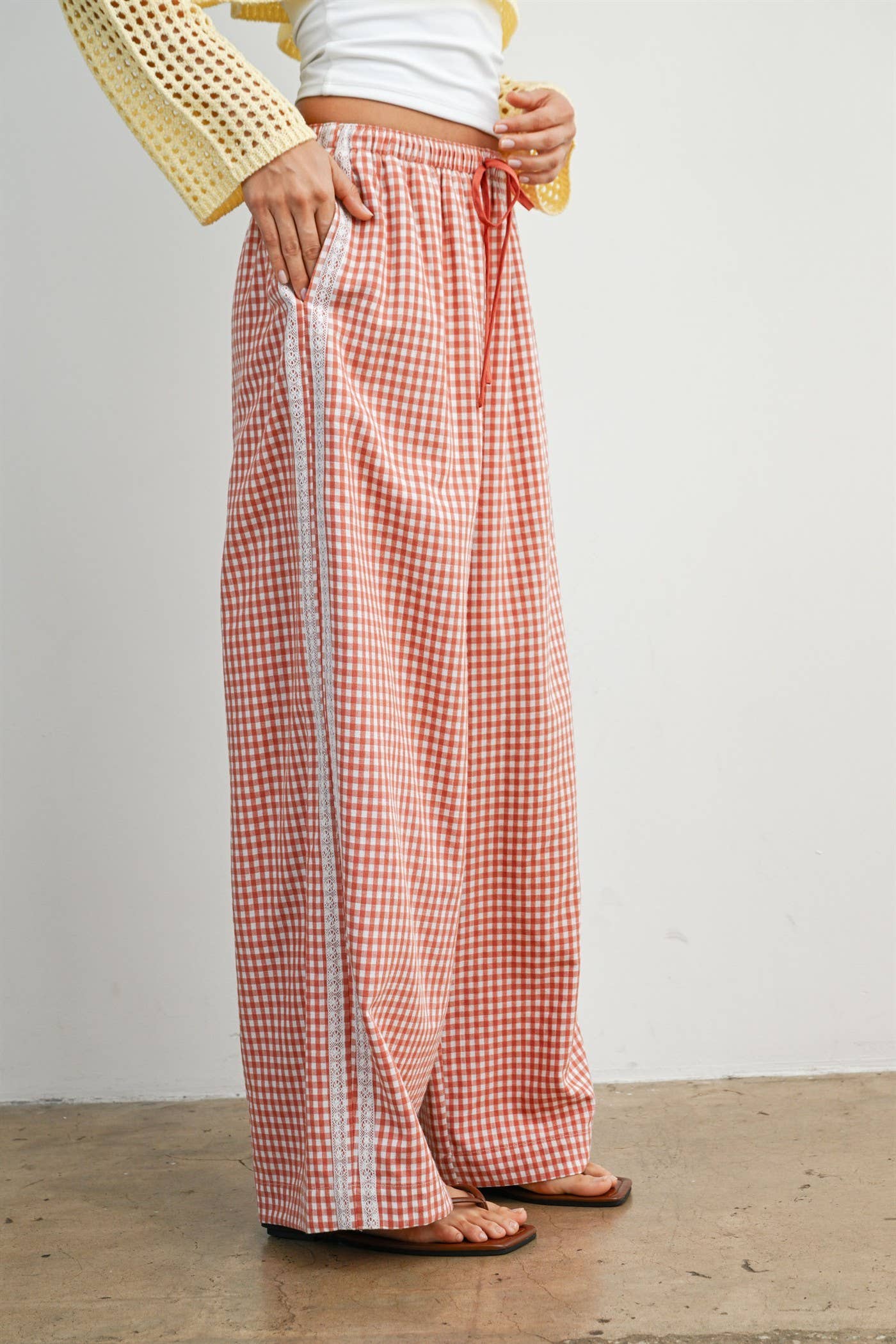 Terracotta Gingham Wide-Leg Lounge Pants-BMP8075