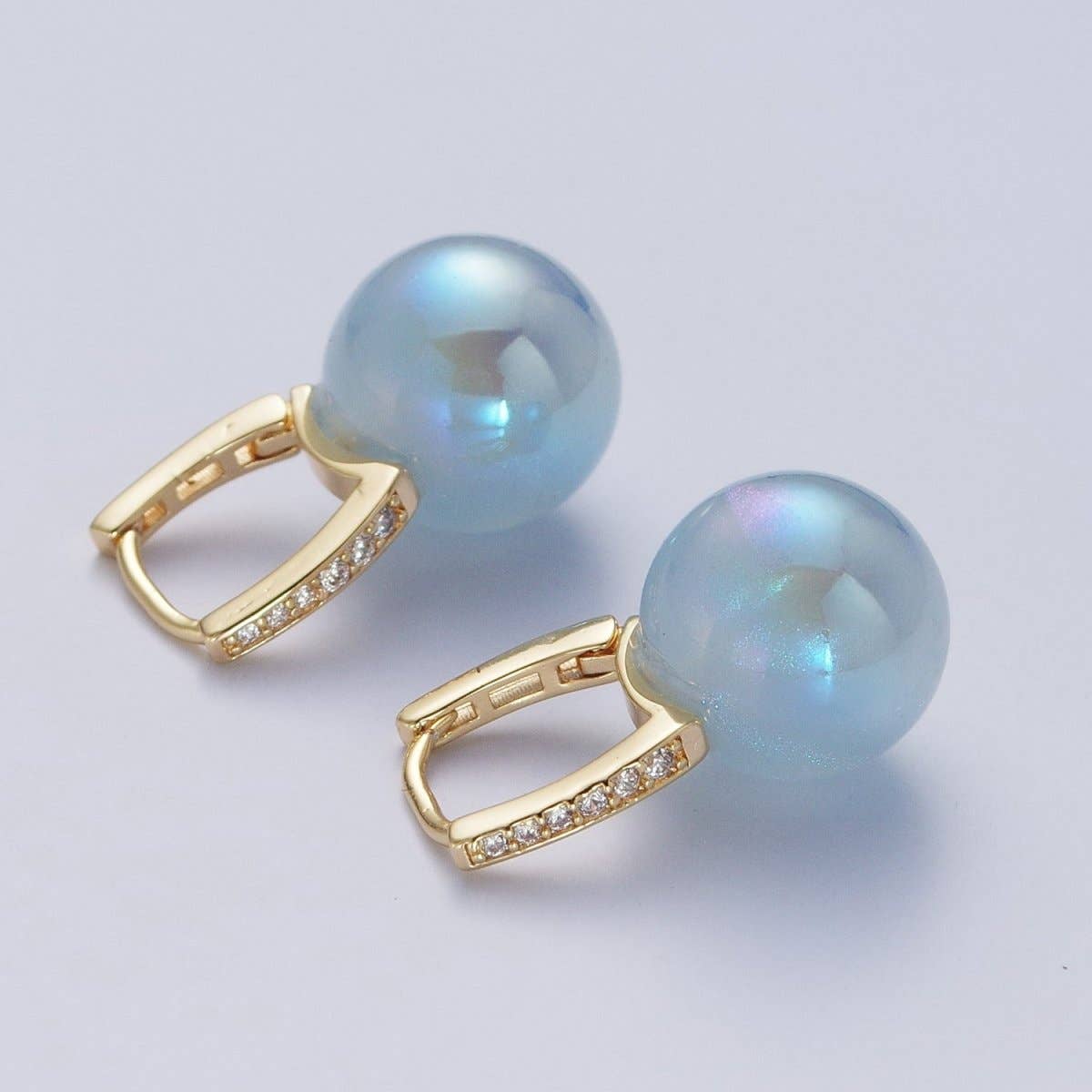 24K Gold Filled Leverback Earrings Small Huggie Hoops Earrings with Round Ball Pastel AB Color Drop Q-339 Q-353