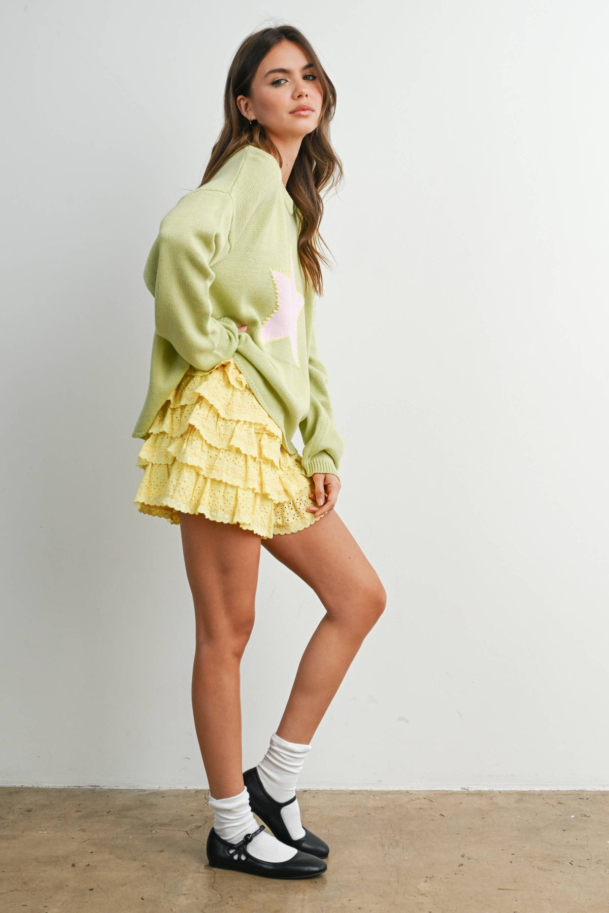 Drop Shoulder Star Pattern Sweater - BMW7756