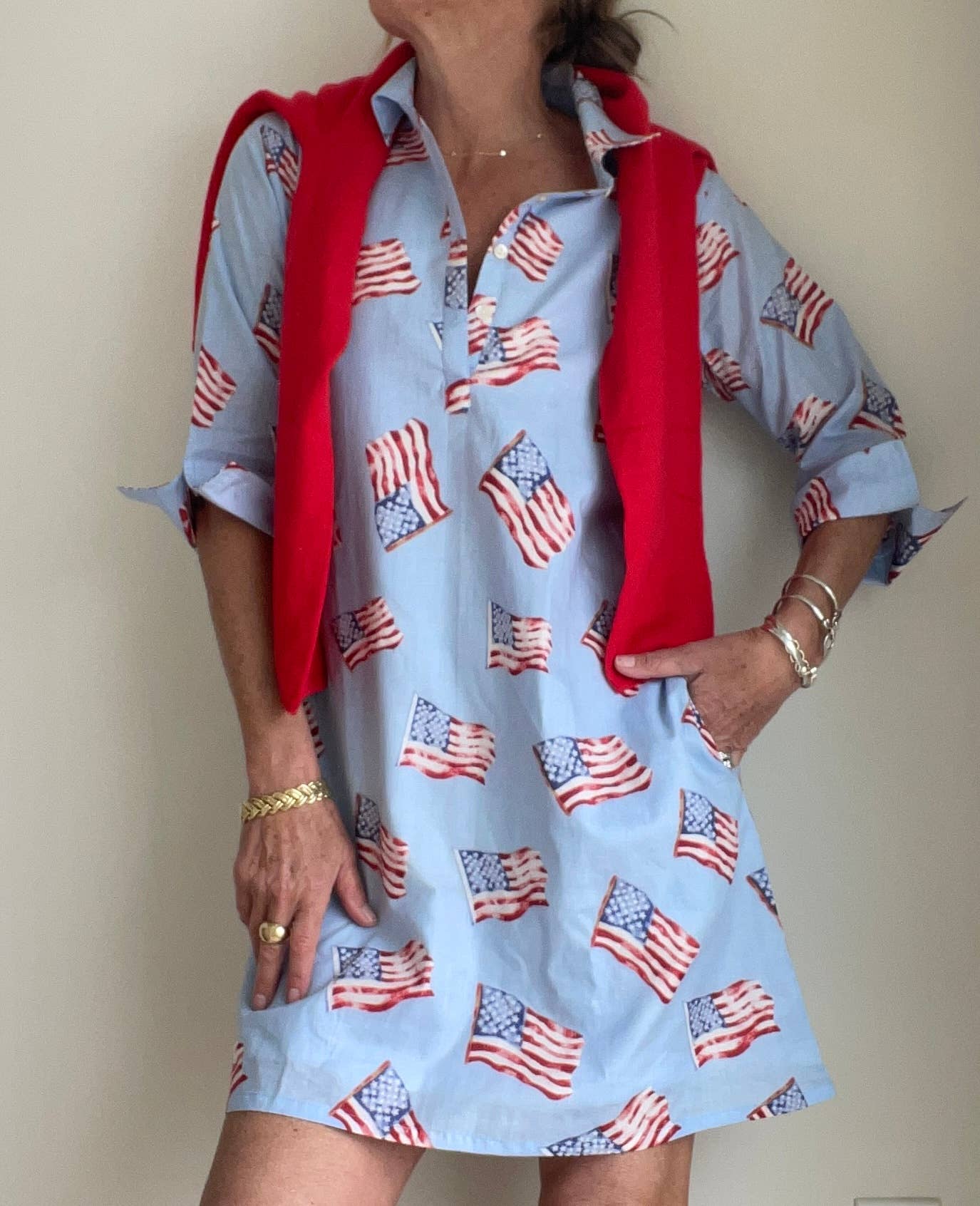 Sconset 3/4 Sleeve Flag dress in blue