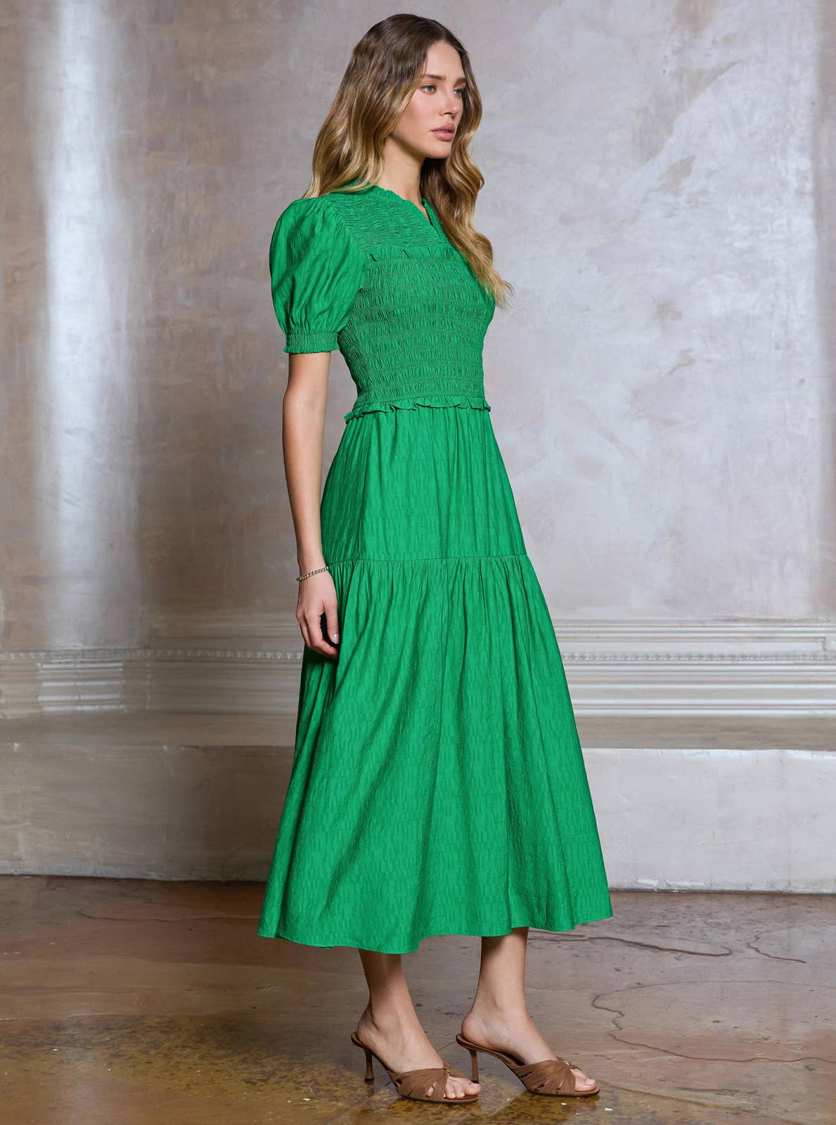 Smocked Short Sleeve Tiered Midi Dress