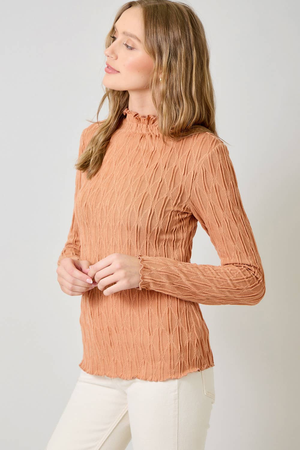 61147 Lettuce Edge Textured Knit Top