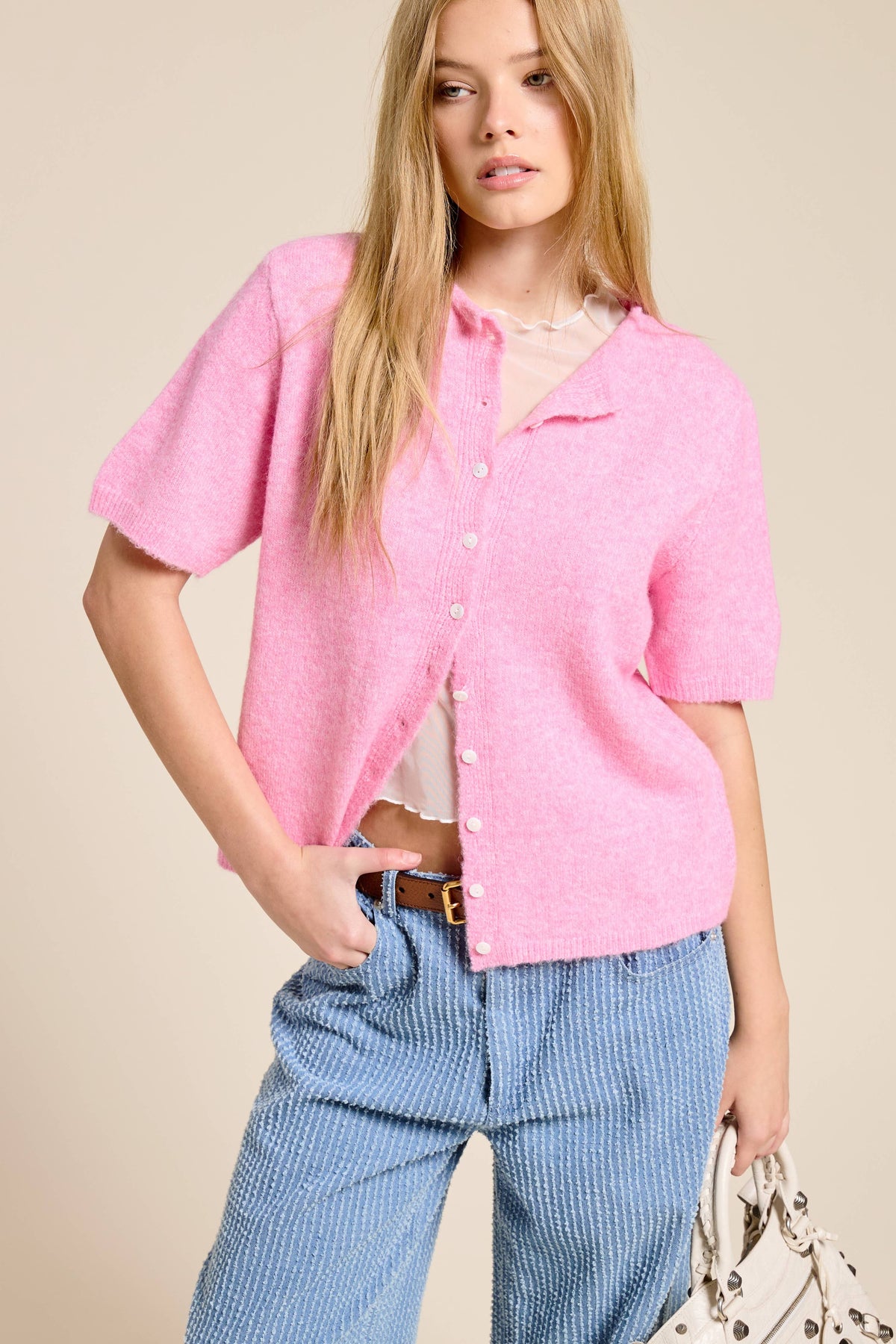 Open-Pack Short Sleeve Button Down Cardigan Top