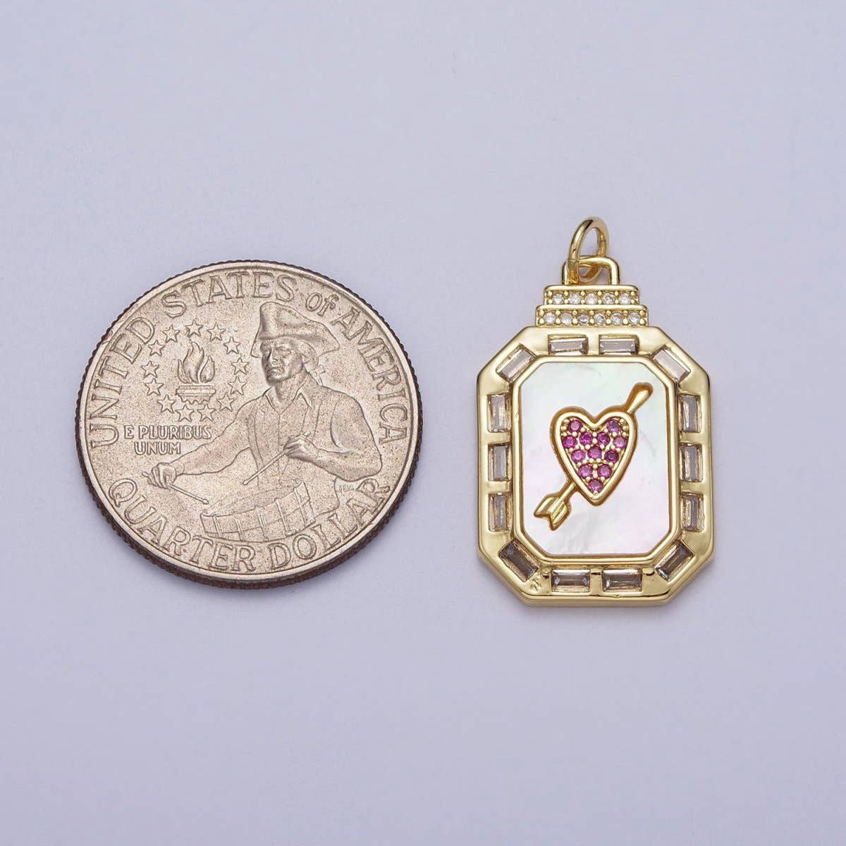 24K Gold Filled Shell Pearl Cupid Arrowed Heart Micro Paved Baguette CZ Octagonal Charm | C-209