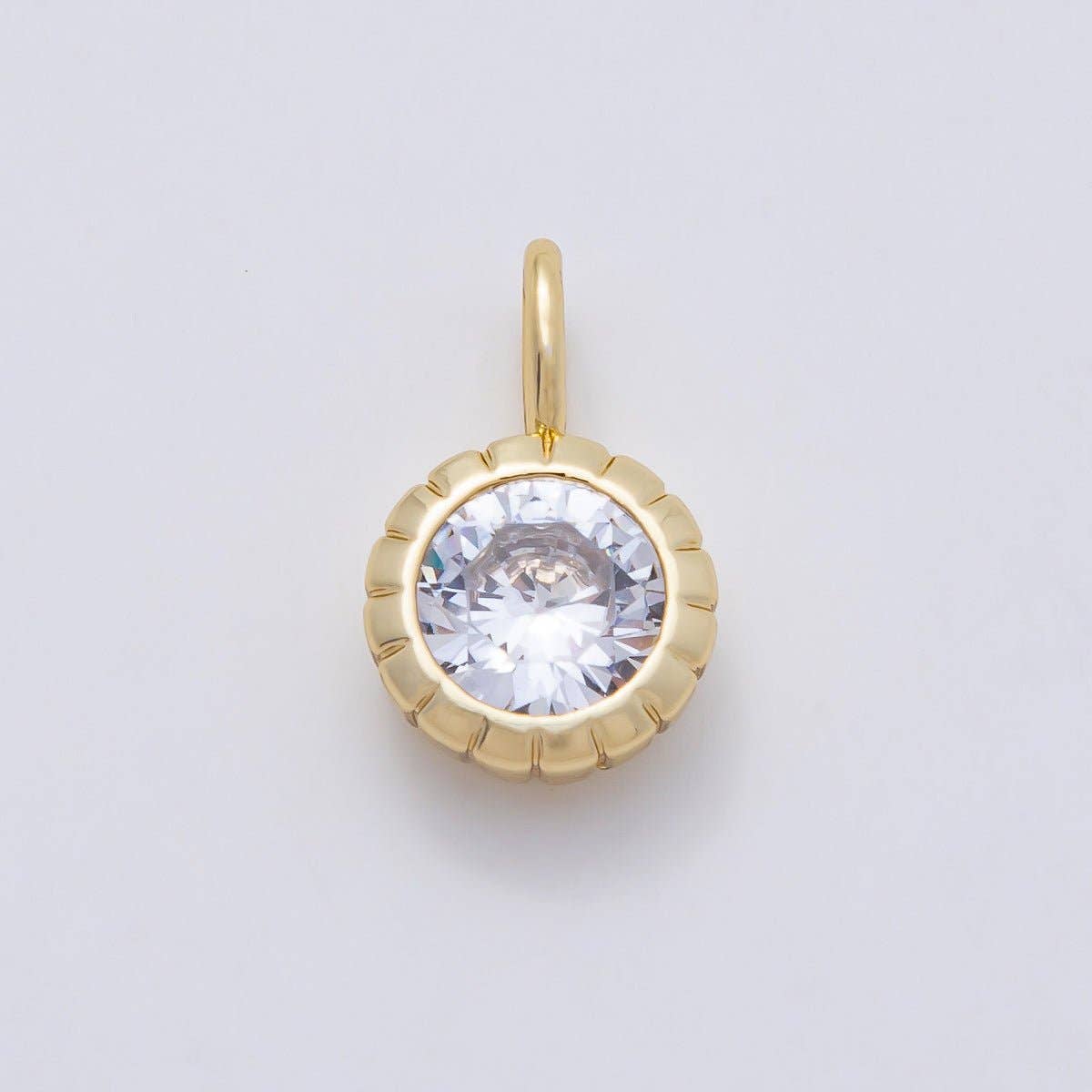16K Gold Filled 17mm Birthstone Round CZ Ribbed Bezel Mini Pendant | Charms-01113 ~ Charms-01124