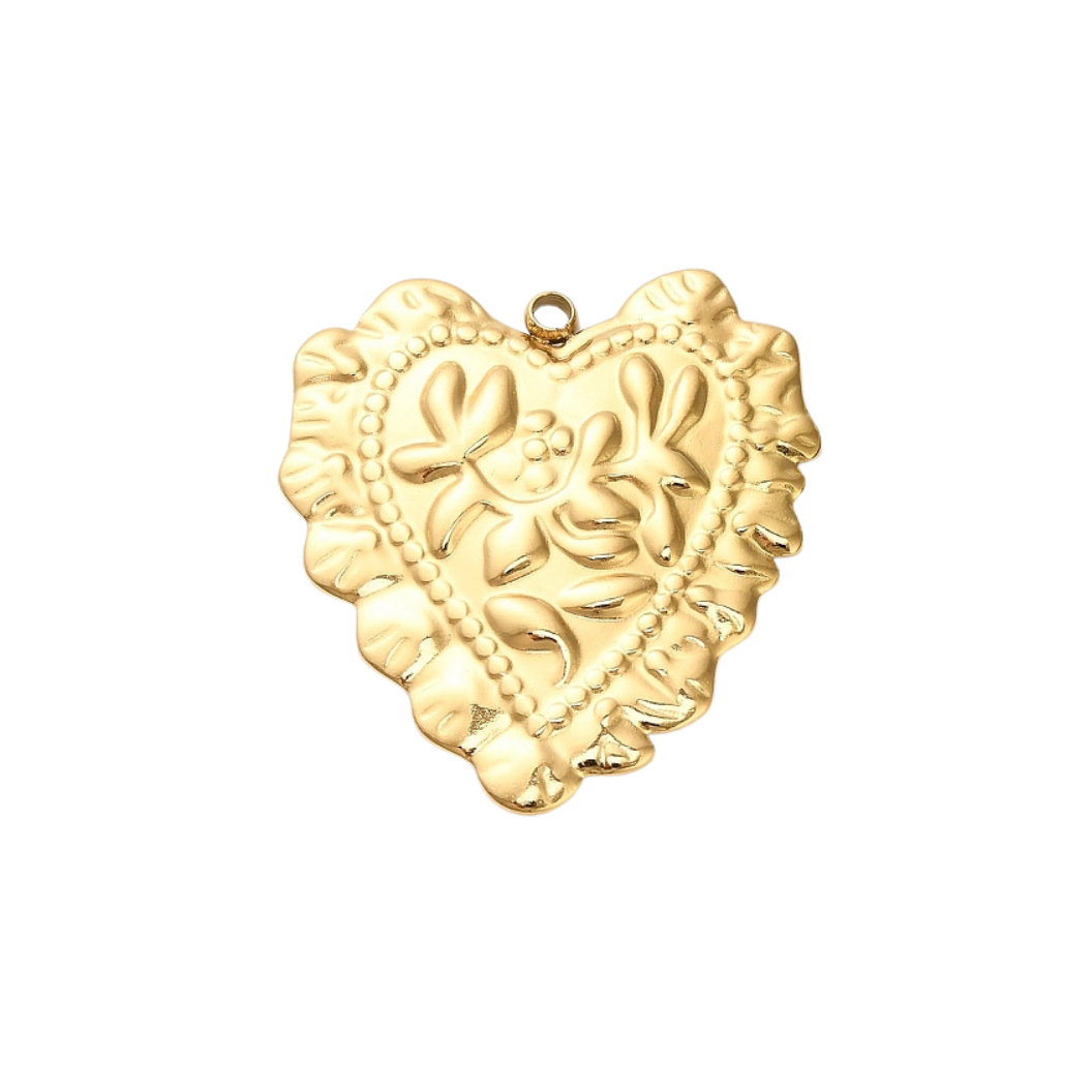 Gold Scalloped Flora Heart Charm | Waterproof Stainless Steel
