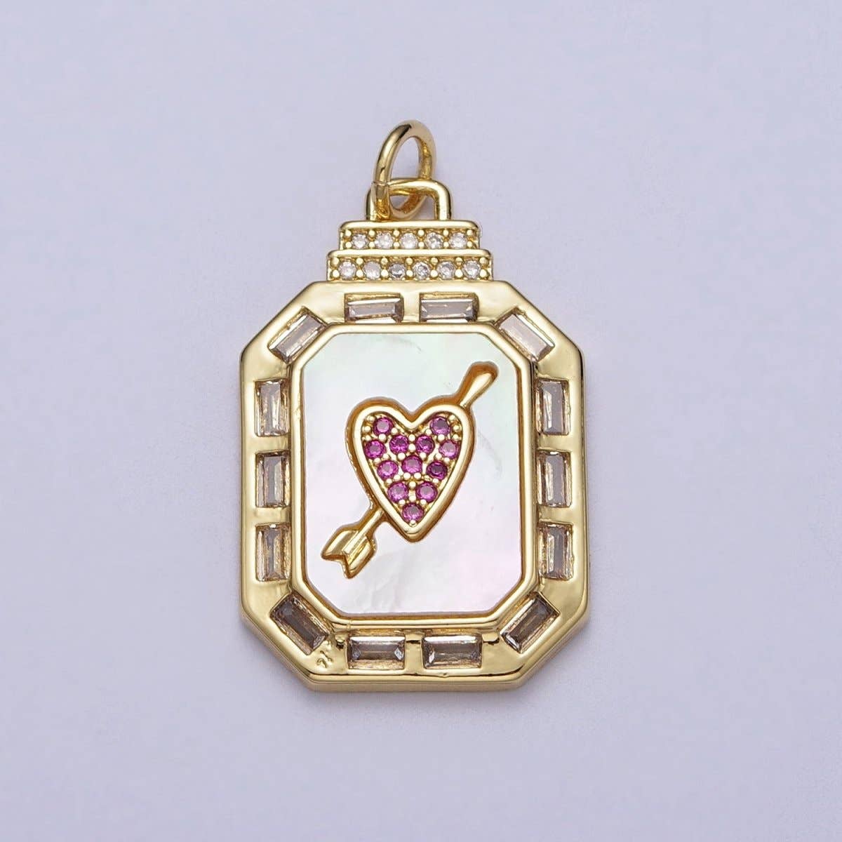 24K Gold Filled Shell Pearl Cupid Arrowed Heart Micro Paved Baguette CZ Octagonal Charm | C-209