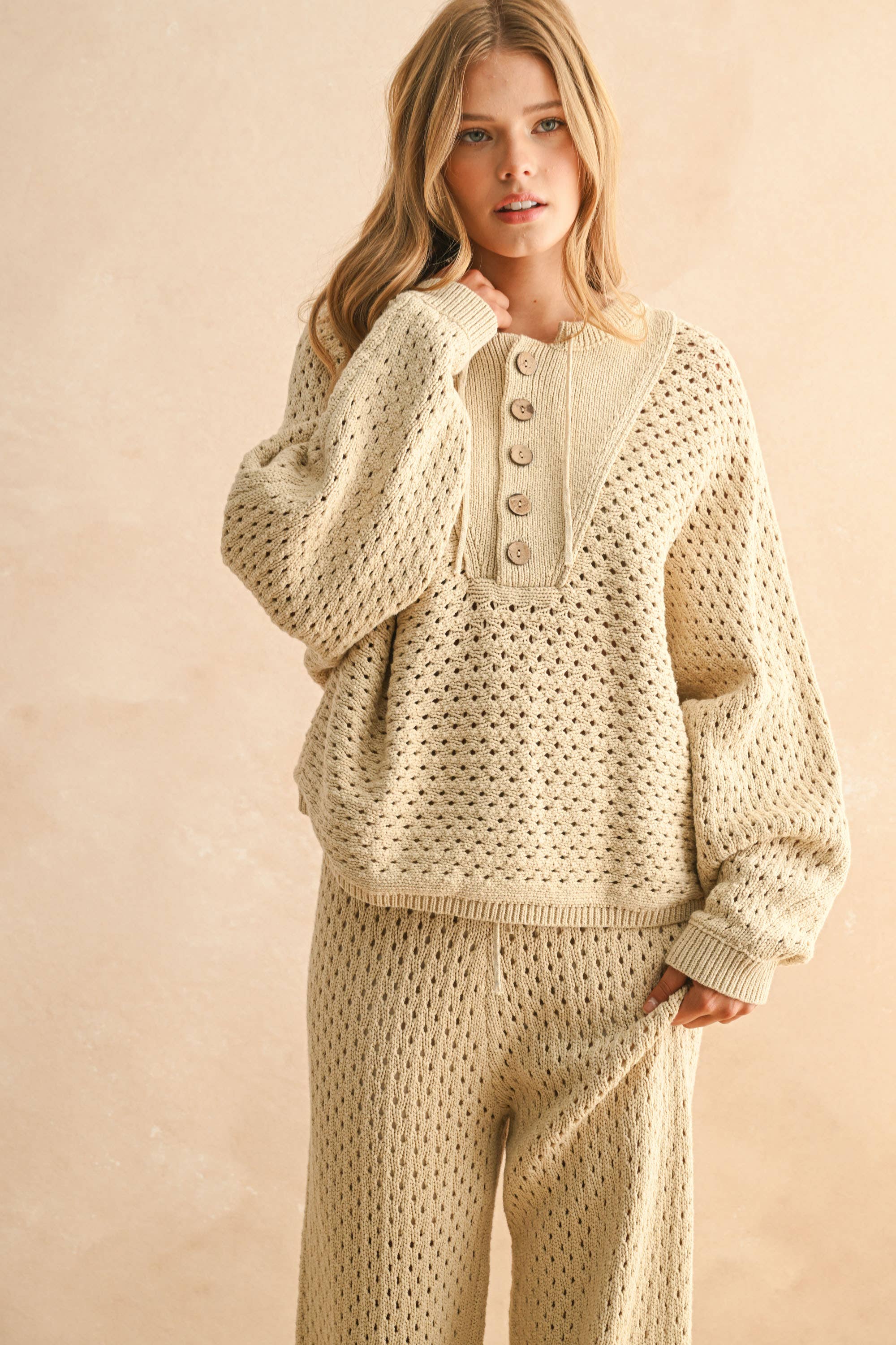 HALF BUTTON FRONT CROCHET KNITTED PULLOVER