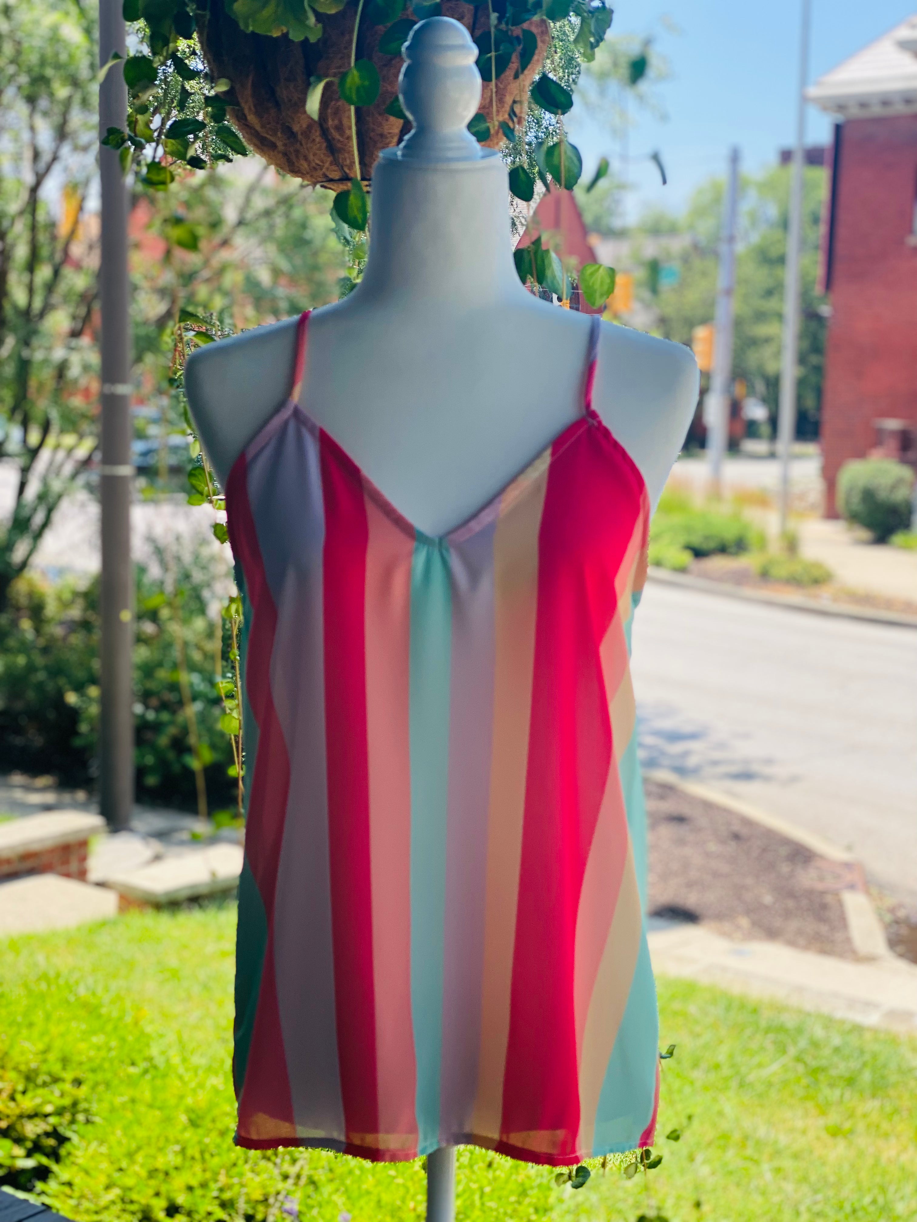 Multi Stripe Woven Sleeveless V Neck Top