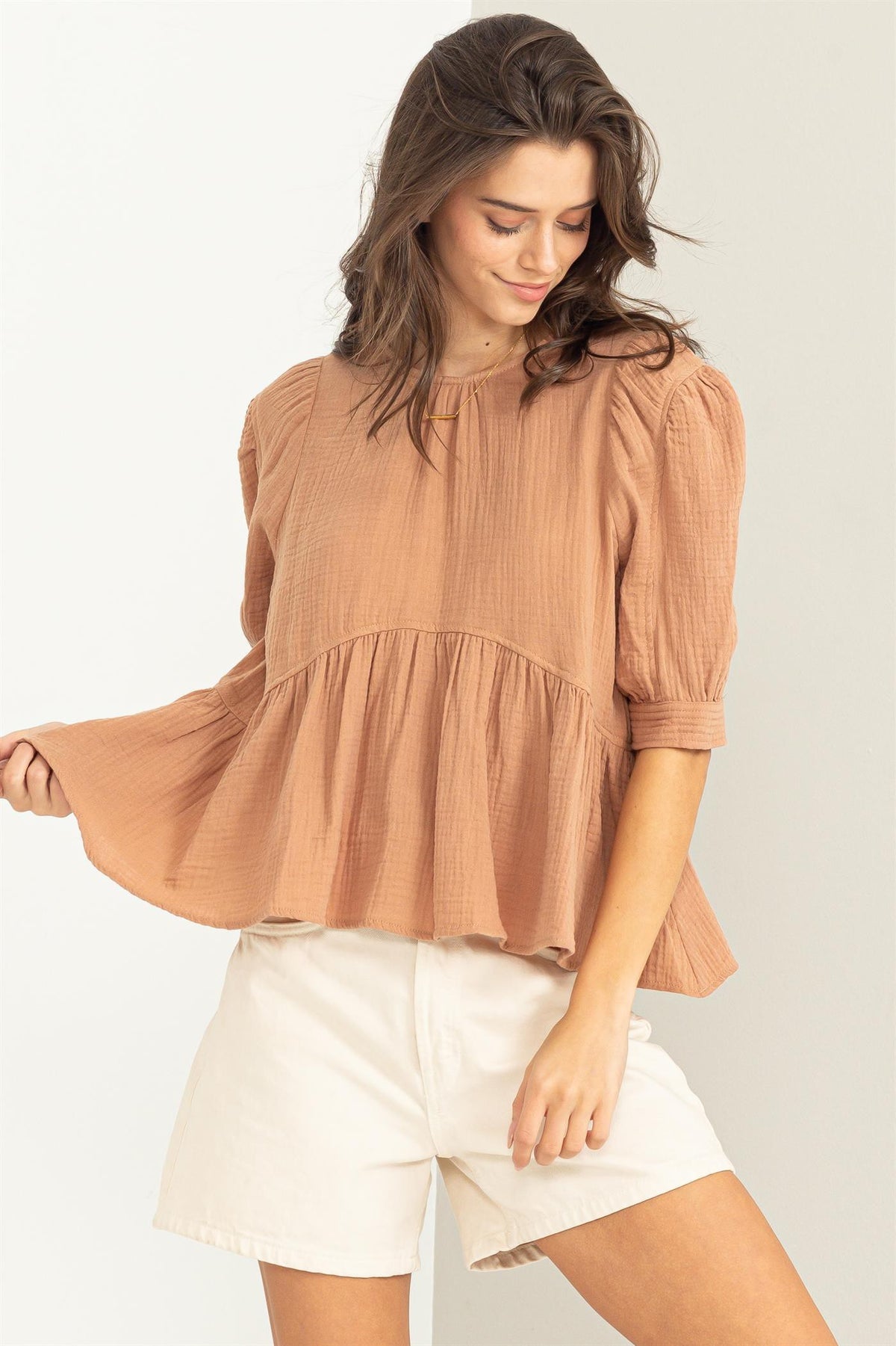 Rachel Mocha Gauze Flutter Top