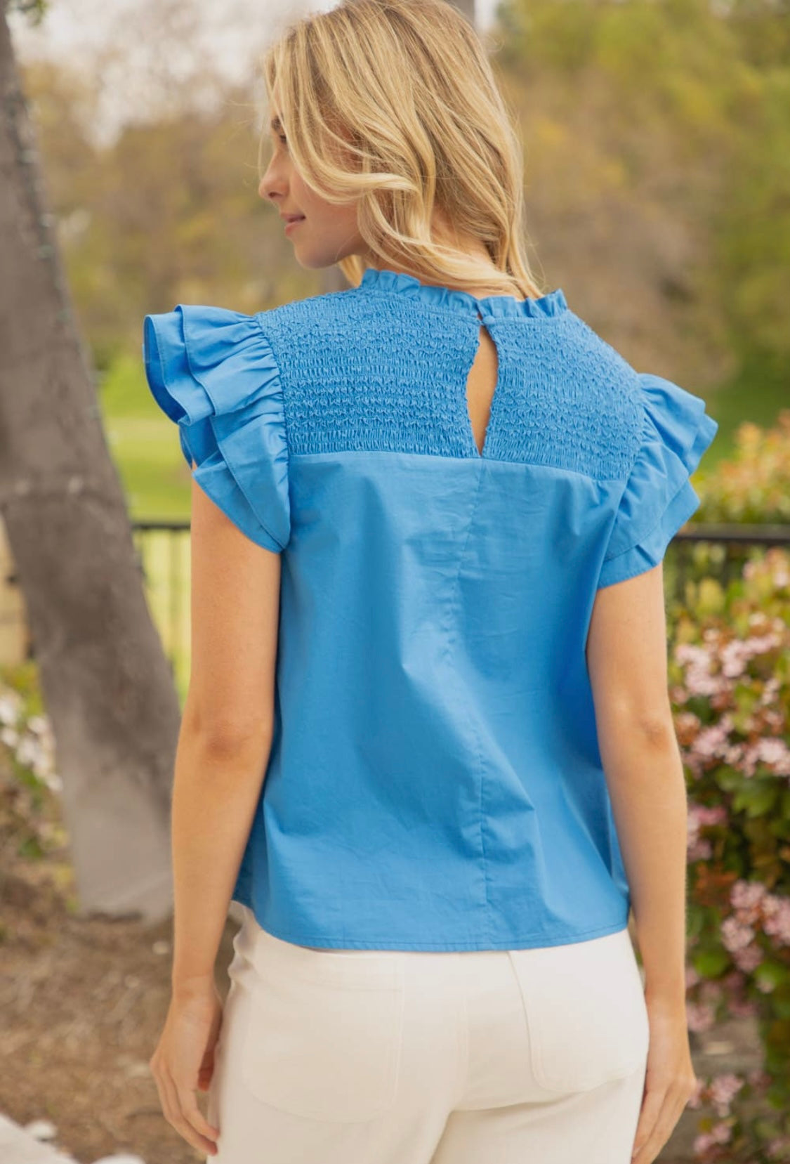 Smocked Yoke Double Ruffle Sleeve Top