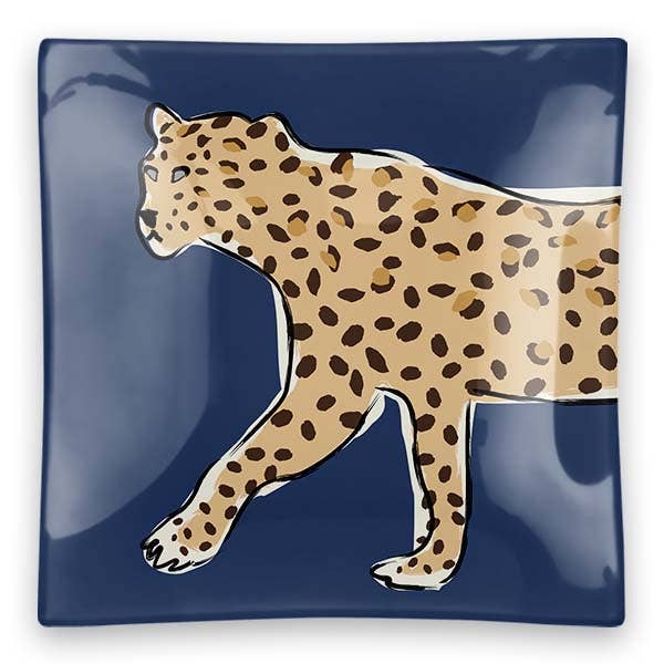 Walking Leopard Square Glass Trinket Tray